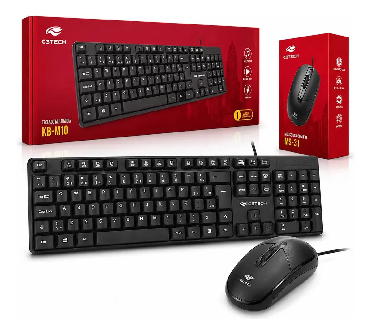 Kit teclado e Mouse C3 Tech - Com fio - USB - KB-M10 - MS-31