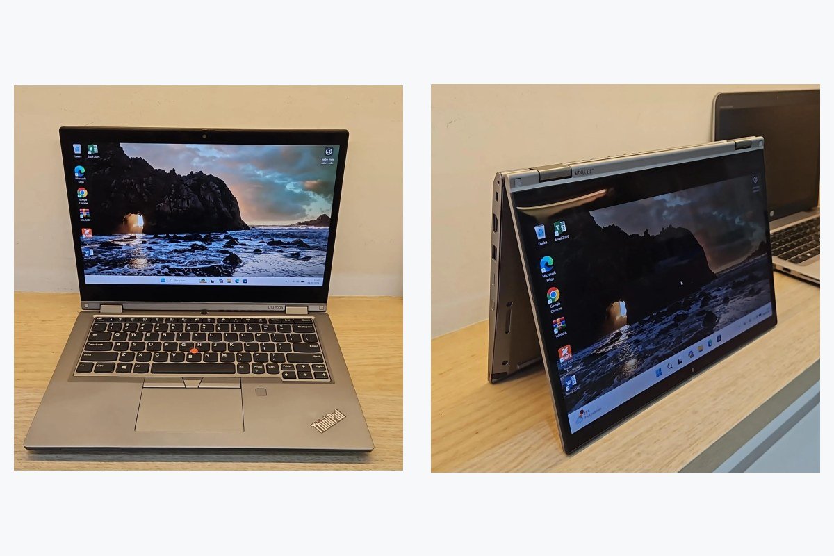 Notebook Lenovo ThinkPad L13 Yoga aberto em modo notebook e dobrado em modo tenda, lado a lado